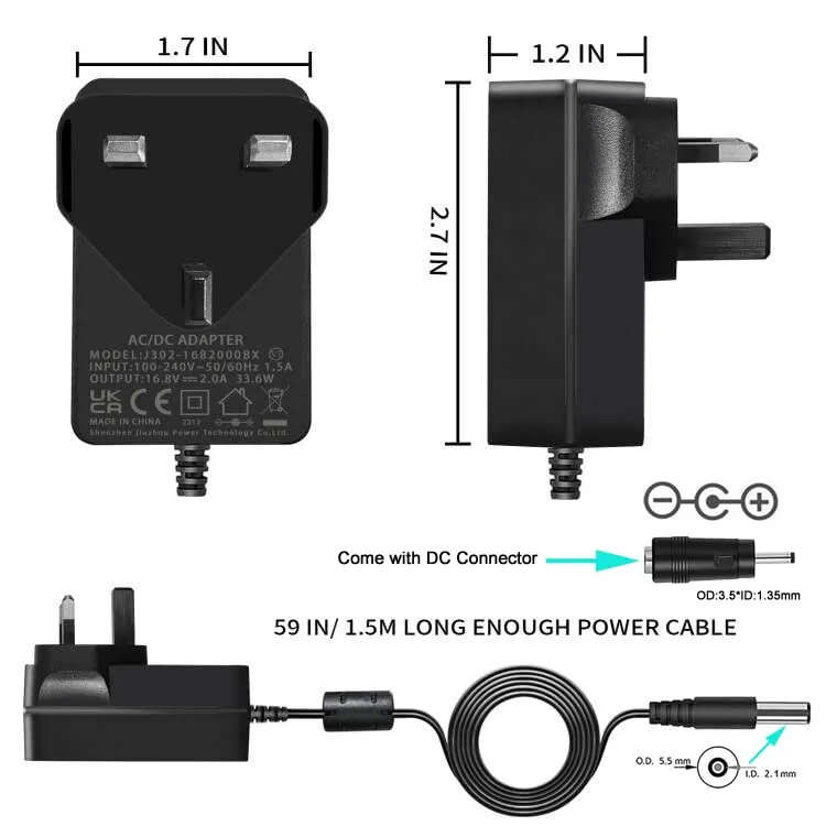 16.8V Charger for Massage Gun,16.8V 2A 1A DC Power Cord for LifePro Sonic, Sonic Mini, Sonic Pro, Fusion X, Sonic Pro Handheld Percussion MassageGun and 14.4V 14.8V Battery Charger.