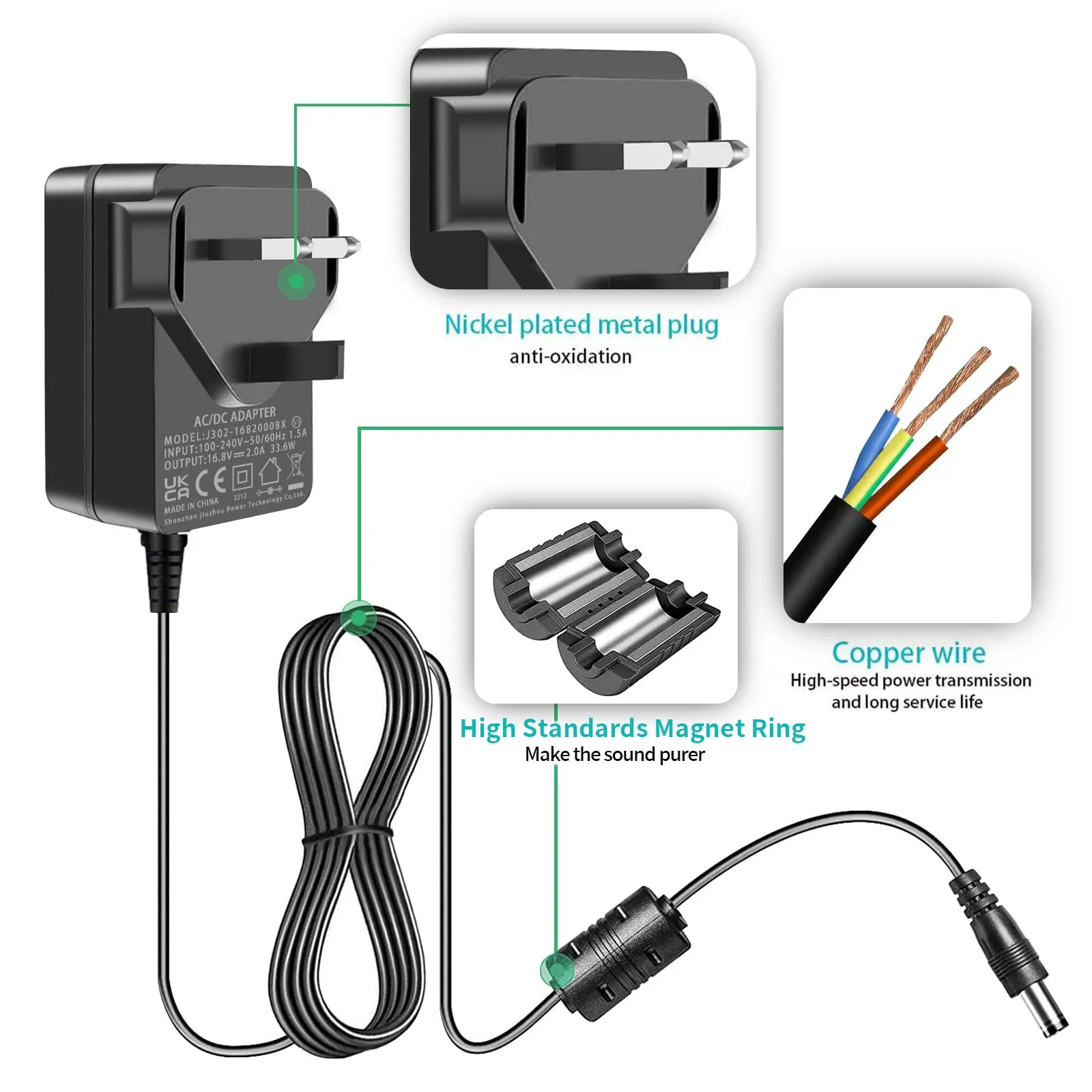 16.8V Charger for Massage Gun,16.8V 2A 1A DC Power Cord for LifePro Sonic, Sonic Mini, Sonic Pro, Fusion X, Sonic Pro Handheld Percussion MassageGun and 14.4V 14.8V Battery Charger.