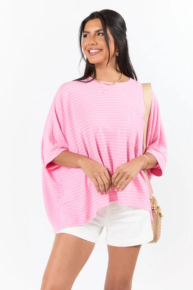 Destination Relaxation Pink Striped Oversized Tee